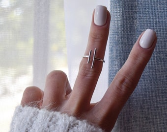 Double Bar Ring, Sterling Silver Ring, Open Ring, Adjustable Ring, Stacking Ring, Two Lines Ring, Modern Ring, Silver Geometric Midi Ring