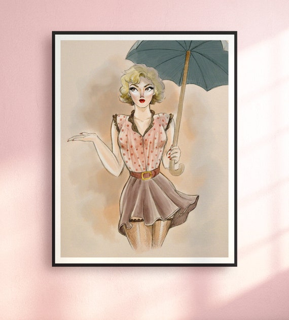 Umbrella Woman n2 by Natasha Kolton - hot pink bikini beach girl simple  drawing - Love Beach - Posters and Art Prints | TeePublic
