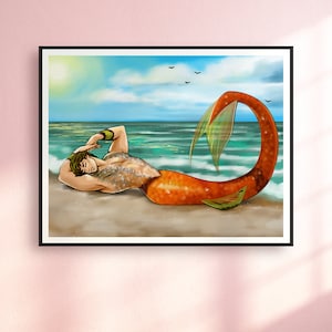 Zonnebaden Meerman Pin Up - Origineel karakter Art Print