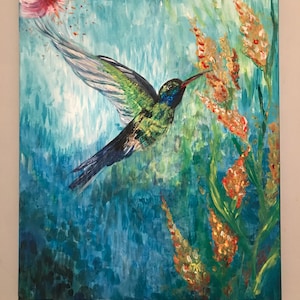 original hummingbird painting acrylic onto stretched canvas