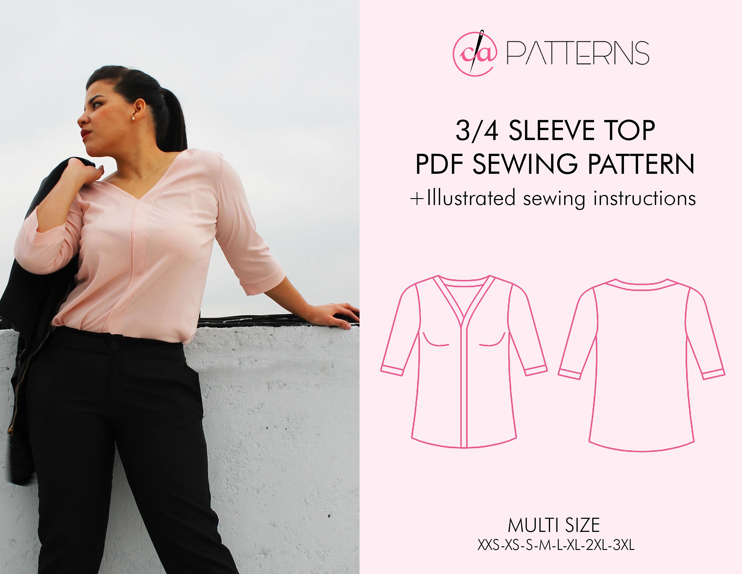 Buy V Neck Blouse Pdf Sewing Pattern, 3/4 Sleeve Blouse Digital