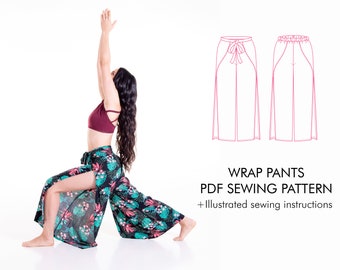 WRAP PANTS PDF sewing pattern and tutorial, sizes xxs-5xl, 2 waistband options, instant download digital pattern, Letter, A0, Projector file