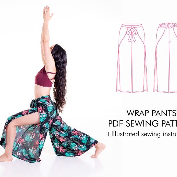 WRAP PANTS PDF sewing pattern and tutorial, sizes xxs-5xl, 2 waistband options, instant download digital pattern, Letter, A0, Projector file