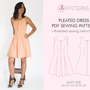 PLEATED DRESS PDF Sewing Pattern and tutorial, Knee length dress, A line summer dress, Sleeveless dress, Letter- A4, A0 and projector files
