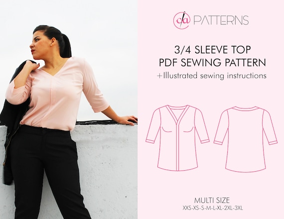 V-NECK TOP PDF Sewing Pattern and Tutorial, 3/4 Sleeve Blouse