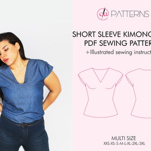 Short Sleeve Kimono top PDF sewing pattern, V- Neck shirt, Kimono cut blouse, short sleeve top, digital pattern and sewing instructions