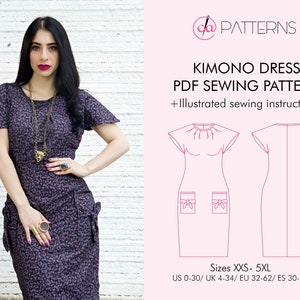 Patrón de costura y tutorial en PDF para vestido con mangas KIMONO, vestido de manga corta con bolsillos atados, patrón digital para vestido hasta la rodilla, impresión casera