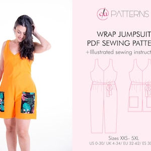 WRAP JUMPSUIT PDF sewing pattern and tutorial in sizes xxs-5xl, long and short length option sewing pattern for Instant download, A4 and A0