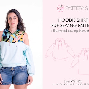 OFF SHOULDER Hoodie PDF sewing pattern and tutorial in sizes xxs-5xl, 2 length option sweatshirt  sewing pattern for Instant download.
