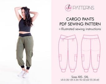 PANTALONES CARGO Patrón de costura PDF y tutorial en tallas xxs-5xl, patrón de costura de joggers para descarga instantánea con video tutorial