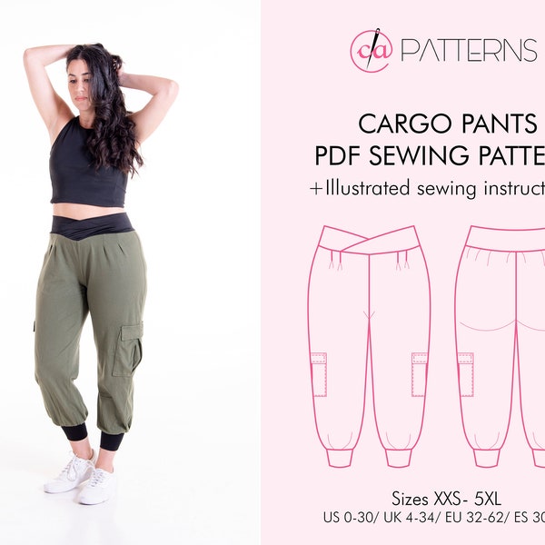 CARGO PANTS PDF sewing pattern and tutorial in sizes xxs-5xl, joggers pattern sewing pattern for instant download with video tutorial