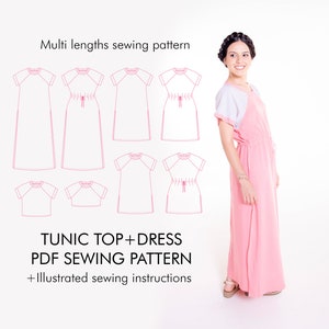 Patrón de costura y tutorial en PDF de TOP + VESTIDO Raglan, tallas xxs-5xl y 4 opciones de largo, archivos PDF A4-Carta y A0 para descarga instantánea