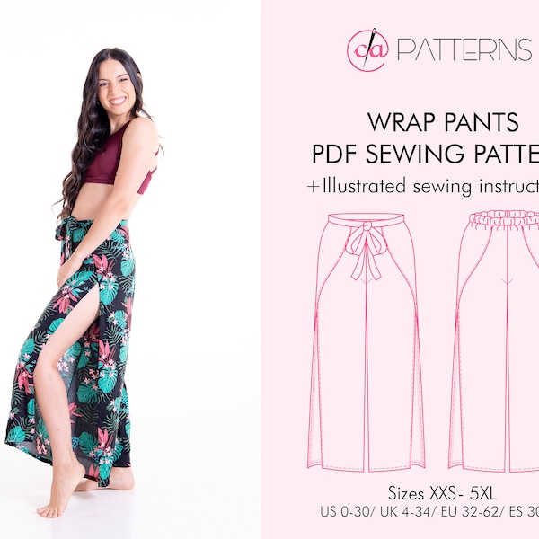 WRAP PANTS PDF sewing patterns and tutorial in sizes xxs-5xl, 2 waist options trousers, Caribbean outfit, lounge wear, pool day pants