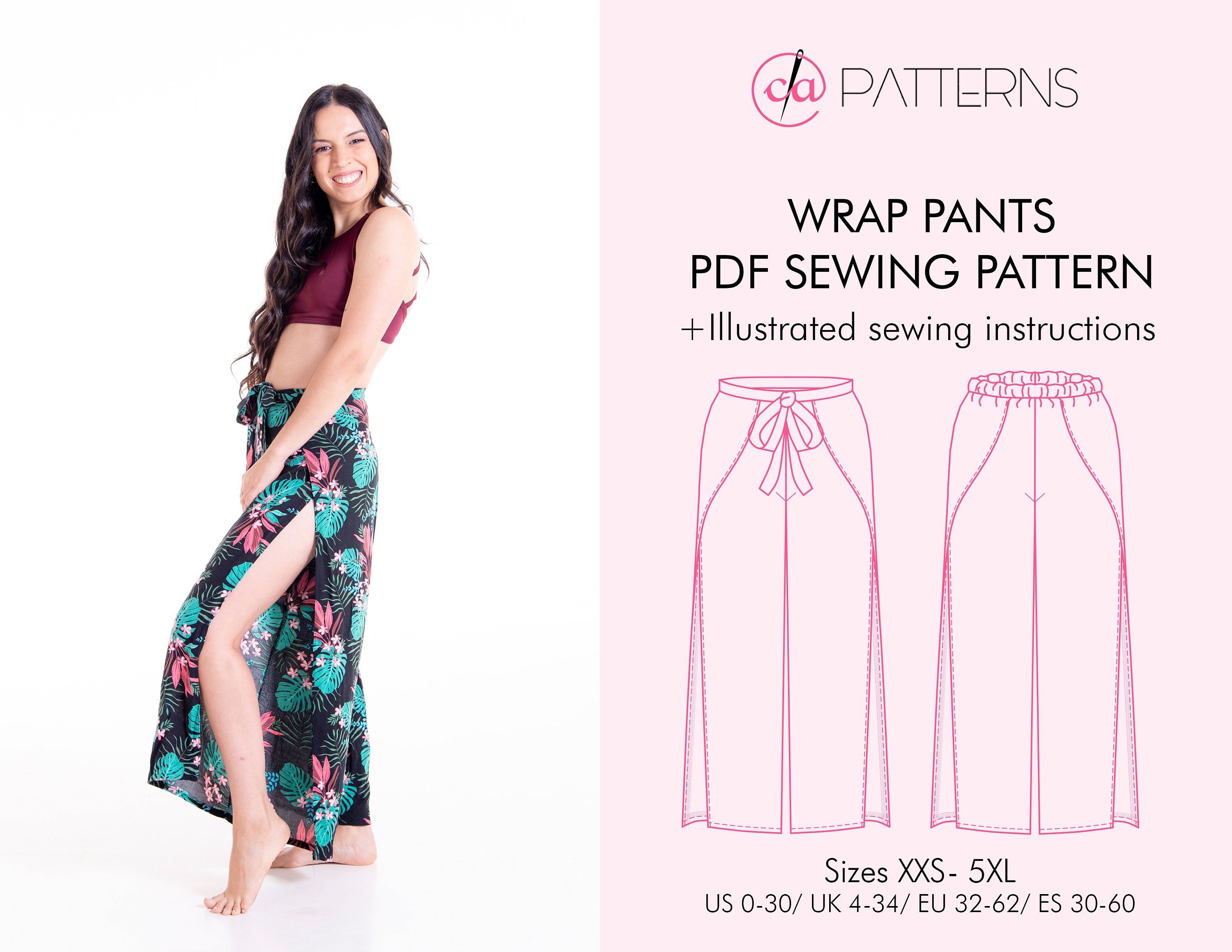 WRAP PANTS PDF Sewing Patterns and Tutorial in Sizes Xxs-5xl, 2 Waist  Options Trousers, Caribbean Outfit, Lounge Wear, Pool Day Pants 