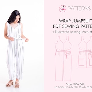 WRAP JUMPSUIT PDF sewing pattern and tutorial in sizes xxs-5xl, long and short length option sewing pattern for Instant download, A4 and A0