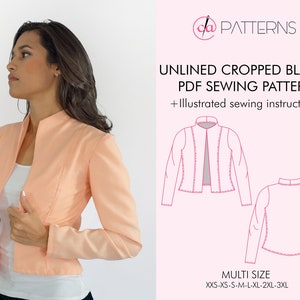 CROPPED BLAZER PDF Sewing Pattern and tutorial, Unlined Office jacket, Modern blazer, Instant Download Sewing Pattern, A4 Letter and A0 pdf
