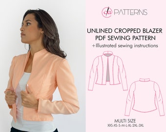 Cropped Unlined Blazer Sewing Pattern, Modern Office Jacket (PDF)