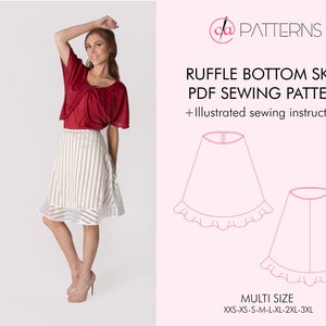 RUFFLE BOTTOM Skirt PDF Sewing Pattern and tutorial, Short skirt pattern,  A line skirt, Knee length skirt, multi size pattern for beginners