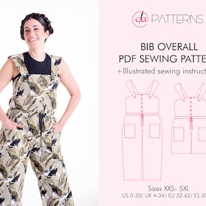 BIB OVERALL PDF sewing pattern and tutorial in sizes xxs-5xl, long and short length option and pockets, sewing pattern for instant download