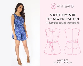 Short jumpsuit PDF Sewing Pattern, Summer Jumpsuit, Jumpsuit with belt, Short sleeve jumpsuit, Home printing pattern & sewing instructions