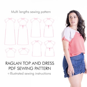 RAGLAN top and dress PDF sewing pattern and tutorial in sizes XXS-5XL, sewing pattern for Instant download with 4 lengths options.