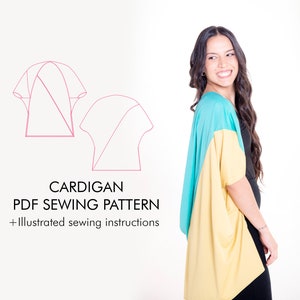 CARDIGAN PDF sewing pattern and tutorial, sizes xxs-5xl, open front top sewing pattern for instant download, A4-Letter, A0, projector file