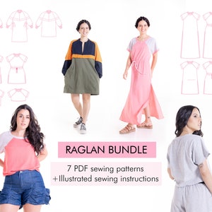 7 Raglan Sewing pattern bundle for women and tutorial, sizes xxs-5xl, Sweatshirt dress, raglan tee, raglan tunic dress, top easy patterns