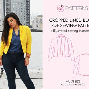 CROPPED Lined BLAZER PDF Sewing Pattern and sewing instructions for beginners, Office jacket, women's professional jacket, sizes xxs to 3xl