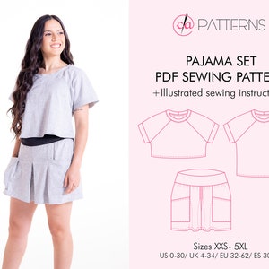 PAJAMA SET PDF Sewing pattern and tutorial in xxs-5xl, skirt shorts and raglan top, sleepwear sewing pattern for instant download