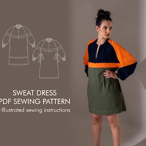 SWEAT DRESS PDF sewing pattern and tutorial, sizes xxs-5xl, 2 length options, Half-zip sweatshirt sewing pattern for instant download, A4,A0