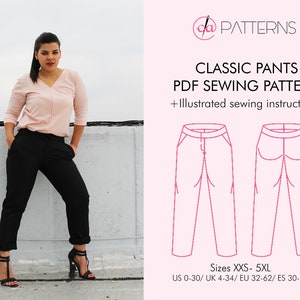 Classic Pants PDF sewing pattern and tutorial, pants with pocket, straight leg trousers, suit pants patterns, 2XS- 5XL sizes, home printing