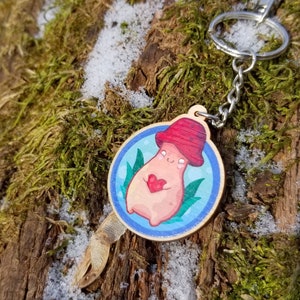 Mushroom Sprite Keychain Charm! &quot;Happy&quot; - Sustainably Sourced Birch Wood!