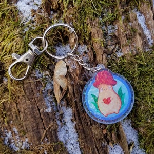 Mushroom Sprite Keychain Charm! &quot;Happy&quot; - Holographic Acrylic!