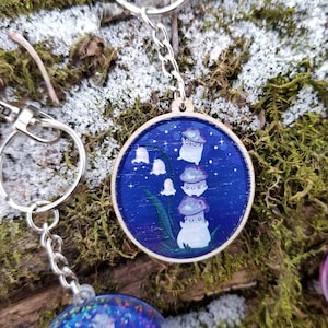 Mushroom Sprite Keychain Charm! &quot;Teamwork (Moonshrooms)&quot; - Sustainably Sourced Birch Wood!