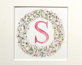 Circle Floral Initial Letter Wreath - bespoke watercolour