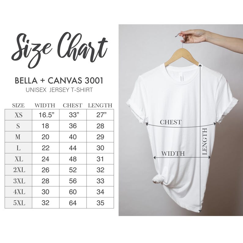 Puede incluir: Tabla de tallas para camisetas de jersey unisex Bella + Canvas 3001. La tabla muestra la talla, el ancho en pulgadas, el pecho en pulgadas y la longitud en pulgadas para las tallas XS a 5XL.