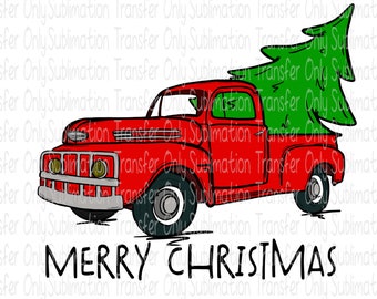 Transfert de sublimation « Joyeux Noël » Prêt à presser-Dessiné à la main vintage Camion Rouge Arbre de Noël Design-T-shirt / Mug Transferts-Vacances