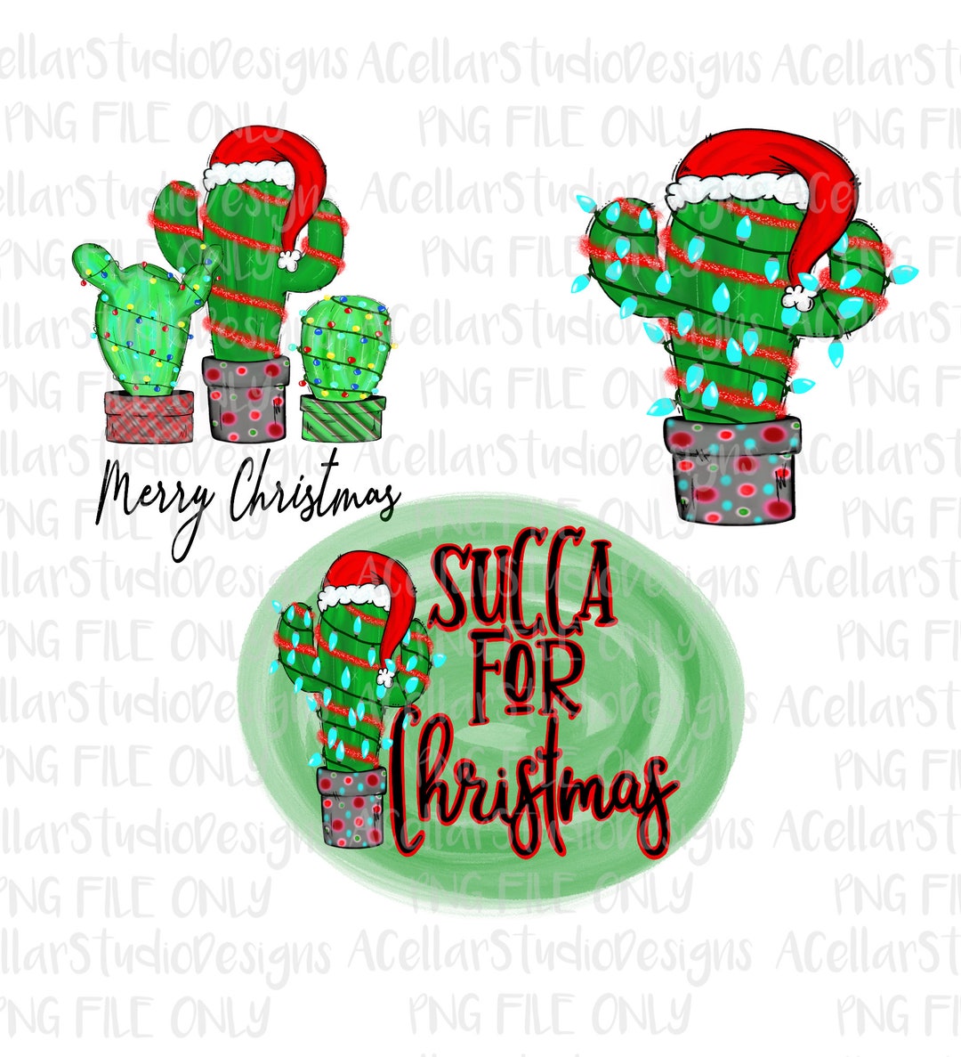 Digital Download Bundle-3 Hand Drawn Christmas Cactus Designs ...