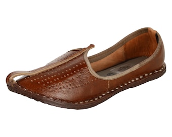 Handmade Men's Brown Holed Leather Jodhpuri Jutti, Handcrafted Indian Mojari, Khussa