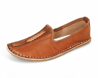 Handmade Cinnamon Leather Mojari Shoes for Men, Traditional Indian Ethnic Boots, Authentic Leather Footwear