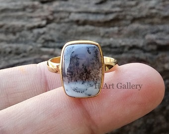 Artisan Handmade Sterling Silver size 7 Dendritic Opal Dendritic Agate Statement Ring with a Black onyx Wildflower