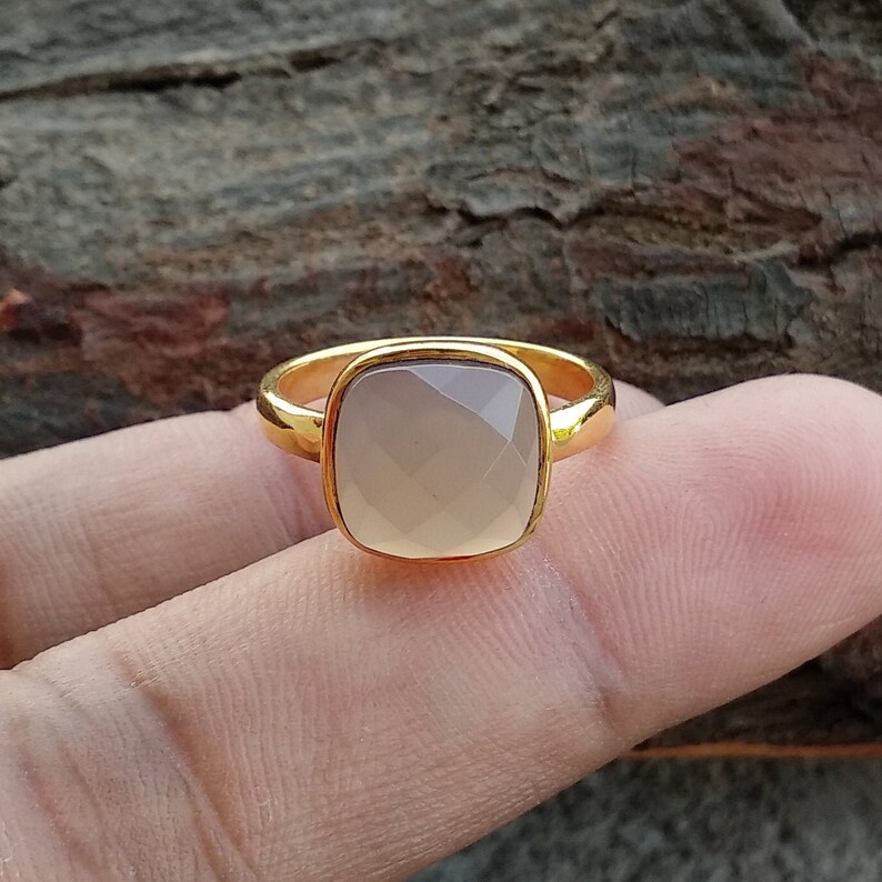 Gold Plated Ring Sterling Silver Ring Handmade Indian Jewelry 10x10mm Faceted Cushion Gemstone Grey Chalcedony Cushion Silver RIng