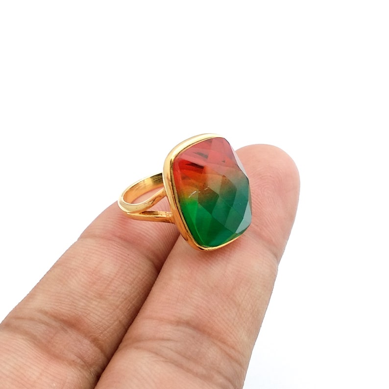 Tourmaline Quartz Gemstone Rings 12x16mm Cushion Cut Gemstone Multi Bi-Tourmaline Quartz Sterling Silver Ring Wedding Ring