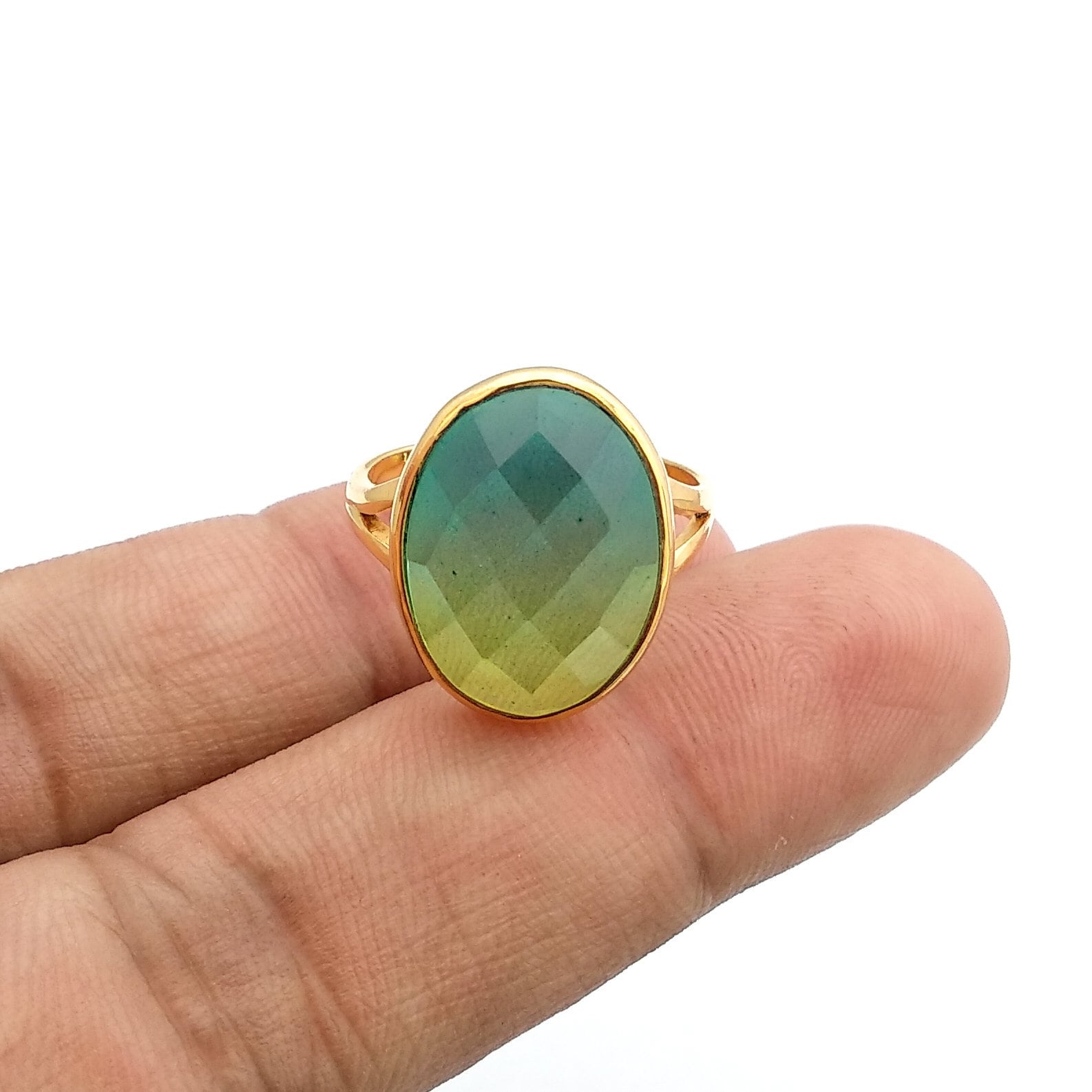 Ink Blue Quartz Free Form Faceted 925 Sterling Silver Gold Plated Prong Ring