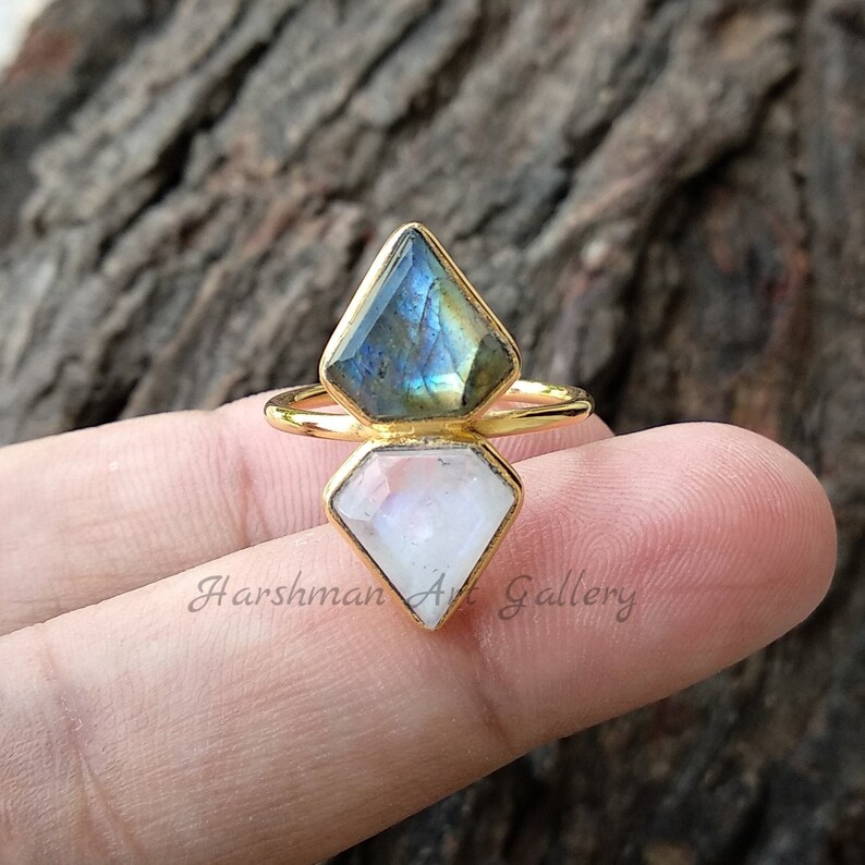 Moonstone And Labradorite Ring - 10x10mm Diamond Cut Double Gemstone - Gold Plated Ring - Sterling Silver Ring -  Rings - Handmade Jewelry 