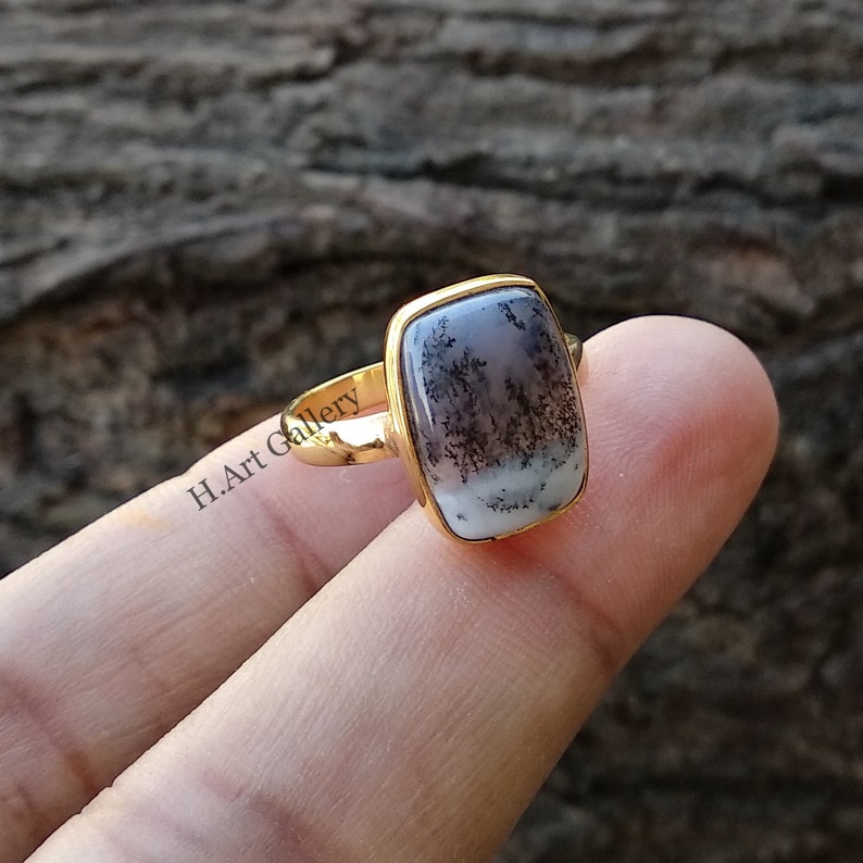 Sterling Silver Ring Handmade Jewelry 10x14mm Smooth Cushion Gemstone Rare ! Dendritic Opal Cushion Silver Ring Gold Plated Ring