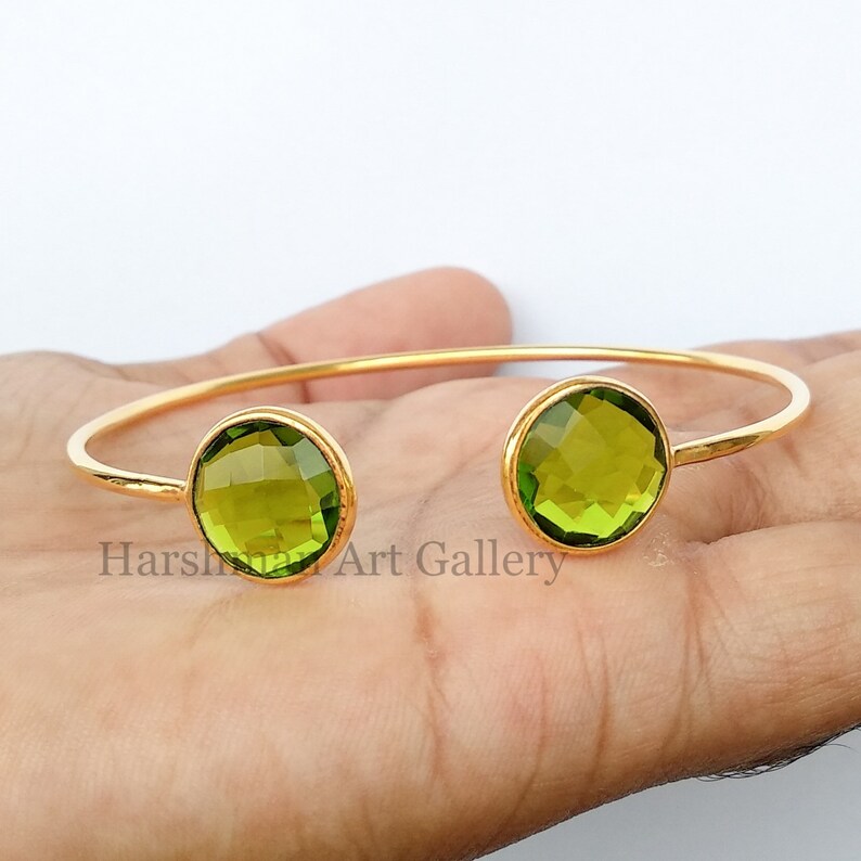 Handmade Jewelry Indian Handmade Bangle- Gemstone Bangle Gold Plated Bangle 12x12mm Round Sterling Silver Peridot Quartz Bangle