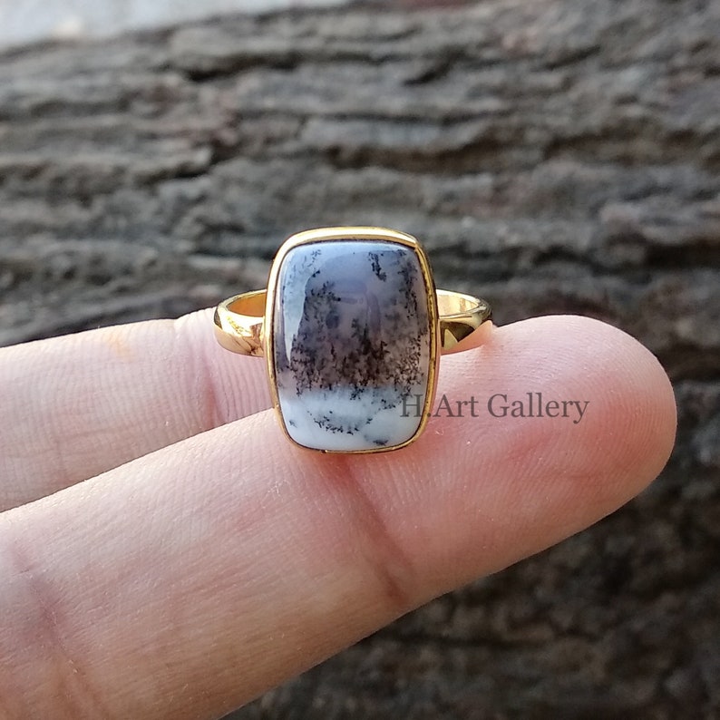 Sterling Silver Ring Handmade Jewelry 10x14mm Smooth Cushion Gemstone Rare ! Dendritic Opal Cushion Silver Ring Gold Plated Ring
