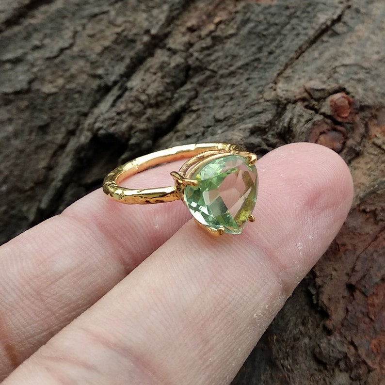Sterling Silver Ring Wedding Ring Gold Plated Ring 10mm Faceted Cut Gemstone Green Amethyst Quartz Heart Ring Textured Ring
