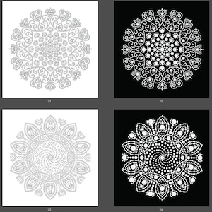 May include: Four black and white images of mandala designs. Each design is made up of circles and swirls. The designs are numbered 21, 22, 23, and 24.